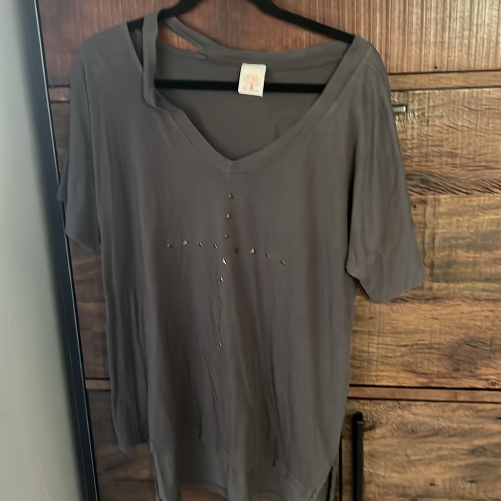 Freeloader Greenish Gray Embellished Short Sleeve T-Shirt with metal brass studs